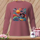Pink long-sleeve shirt with a colorful sewing-themed sun and waves graphic.
