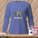 Purple long-sleeve shirt with a stacked fabric design and text 
