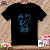 Black t-shirt featuring a blue graphic of a panther, thread, and the text Carolina 1/4 Stitch Squad.