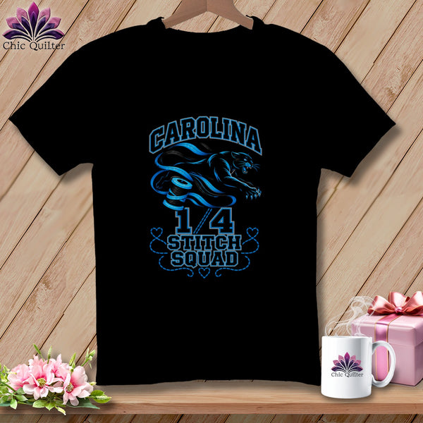 Black t-shirt featuring a blue graphic of a panther, thread, and the text Carolina 1/4 Stitch Squad.