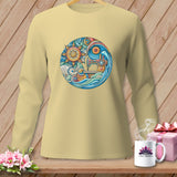 Beige long-sleeve shirt with a circular graphic of a sewing machine and sun.