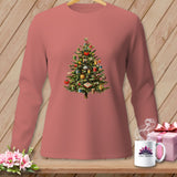 Pink long-sleeved shirt with a Christmas tree decorated with spools of thread.