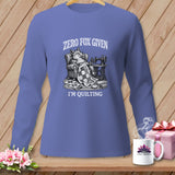 Long-sleeve shirt with a fox sitting in a chair quilting, text 