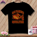 A black t-shirt featuring a San Francisco Quilter graphic with buttons, a bowl, and the number 14.