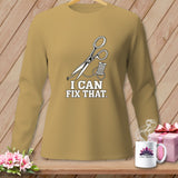 Tan long-sleeve shirt with scissors, thread, and 