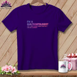 Purple t-shirt with text 
