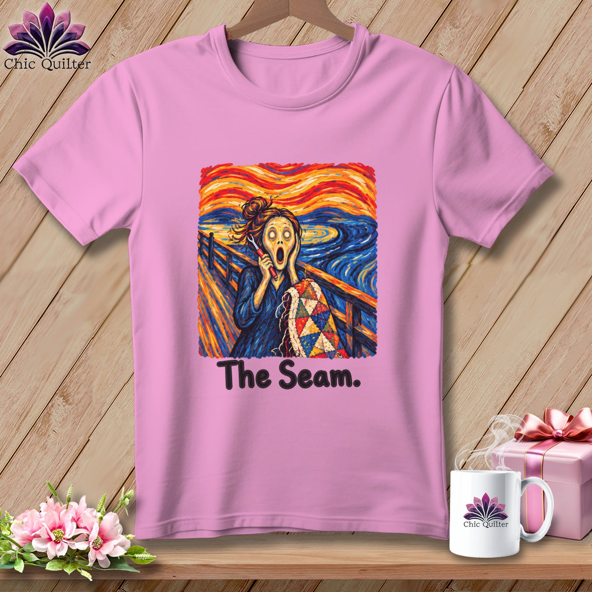 Pink t-shirt with "The Seam" text and Munch's The Scream adapted with quilt.