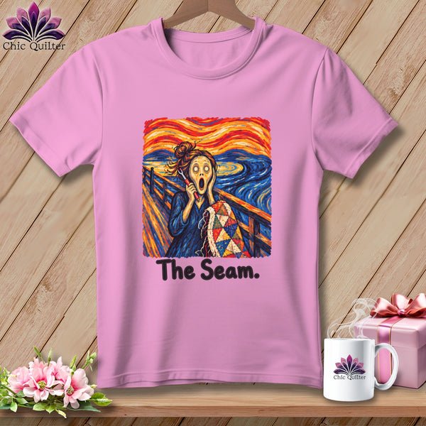 Pink t-shirt with "The Seam" text and Munch's The Scream adapted with quilt.