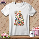 White t-shirt featuring an illustration of an elderly woman decorating a patchwork Christmas tree.