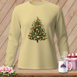 Long-sleeve cream shirt with a Christmas tree decorated with spools of thread and sewing notions.