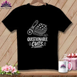 Black t-shirt with white graphic of rotary cutter, fabric squares, and text 