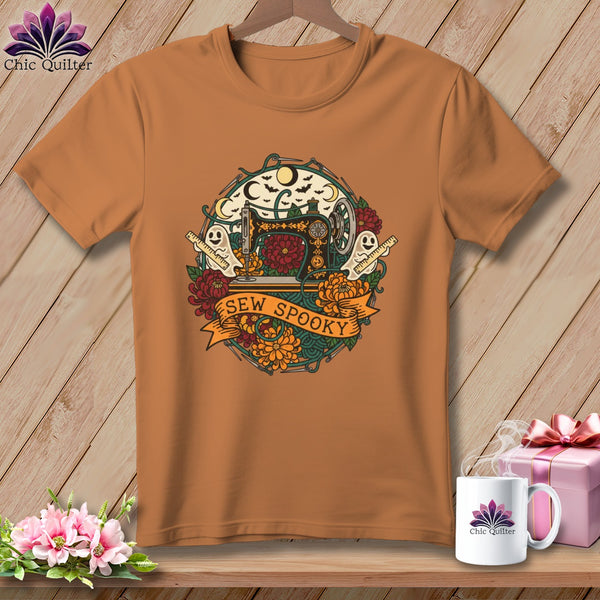 Brown t-shirt with a Halloween sewing design and "SEW SPOOKY" text.