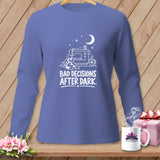 Long-sleeve shirt with a sewing machine, quilt, moon, stars, and text 