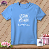 Light blue t-shirt with stacked quilts and text 