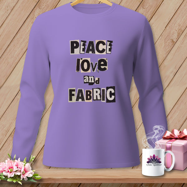 Lavender long sleeve shirt with "Peace Love and Fabric" text in collage style.