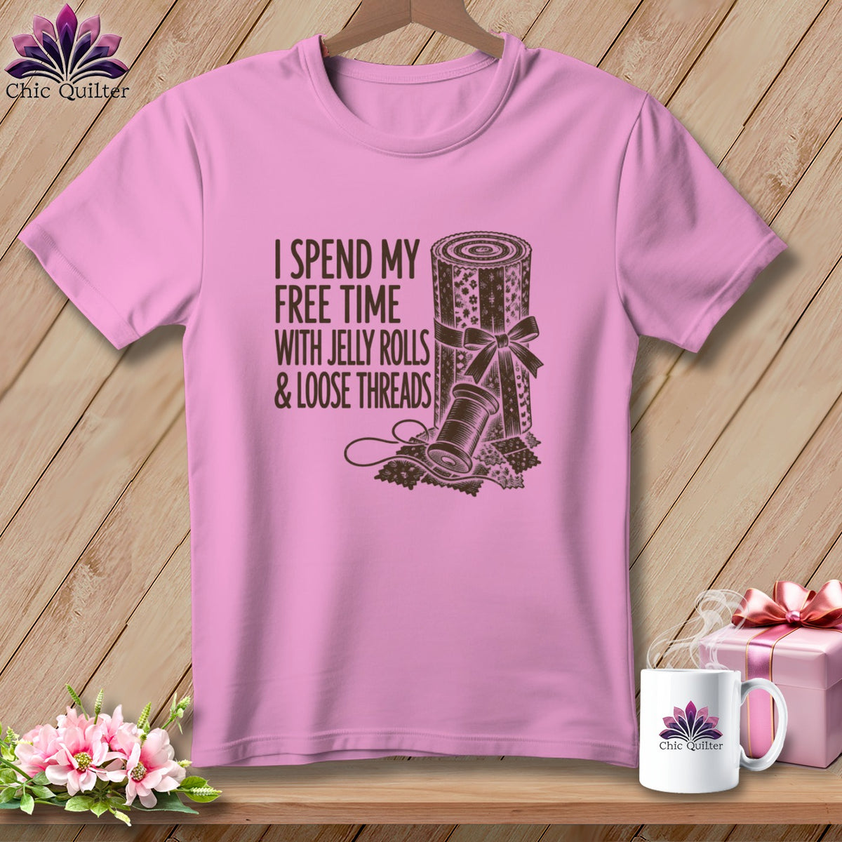 Pink t-shirt with "I Spend My Free Time With Jelly Rolls & Loose Threads" graphic.