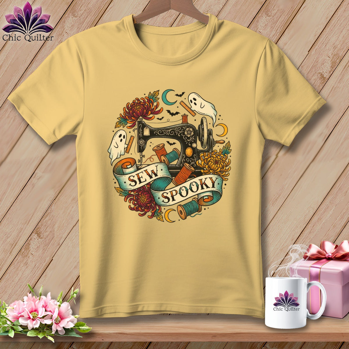 Yellow t-shirt with a vintage sewing machine, ghosts, and flowers, saying "Sew Spooky."
