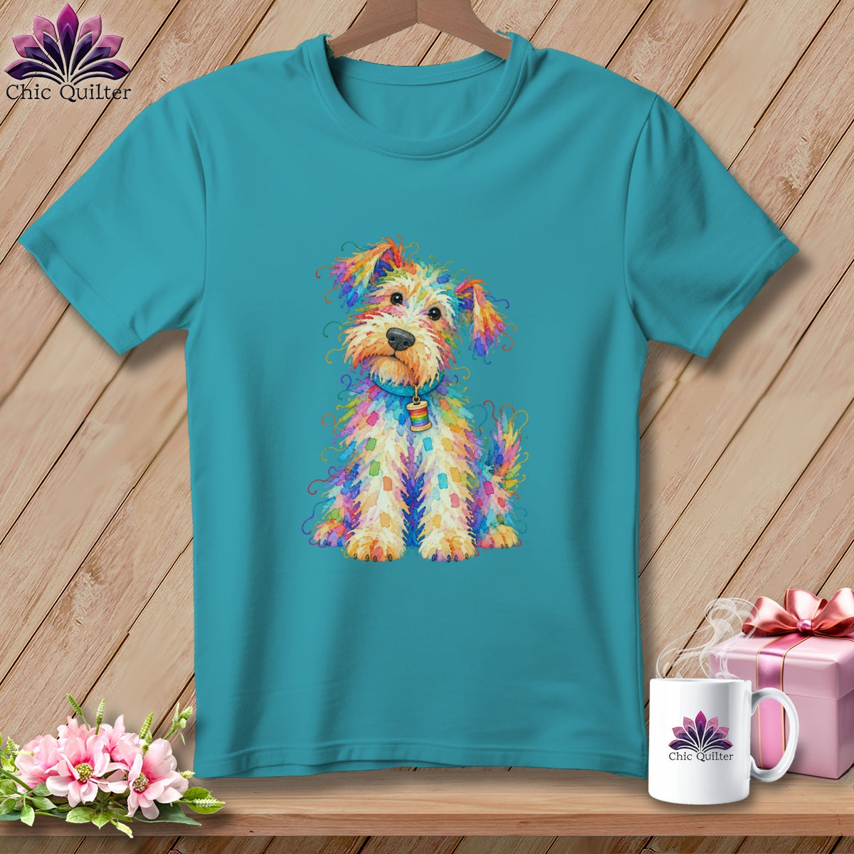 A teal crewneck t-shirt displays a colorful watercolor illustration of a shaggy puppy on the front.