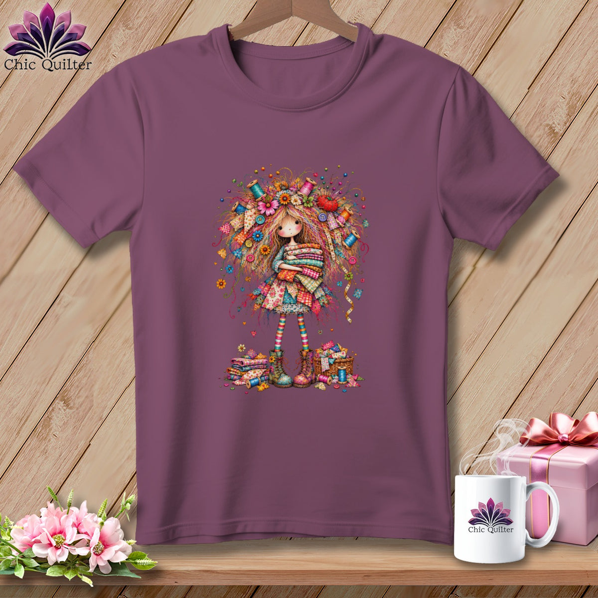 Plum short-sleeve t-shirt featuring a colorful whimsical illustration of a girl holding folded quilts.