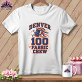 White t-shirt featuring a blue and orange graphic with text reading Denver 100 Fabric Crew.
