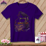 Purple t-shirt with ravens, antique sewing machine, scissors, and text 