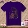 Purple t-shirt with ravens, antique sewing machine, scissors, and text "Nevermore Fabric?".