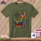 Green t-shirt with a cartoon witch stirring a cauldron with a ruler, text 