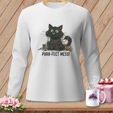 White sweatshirt with a graphic of a tangled black cat and 