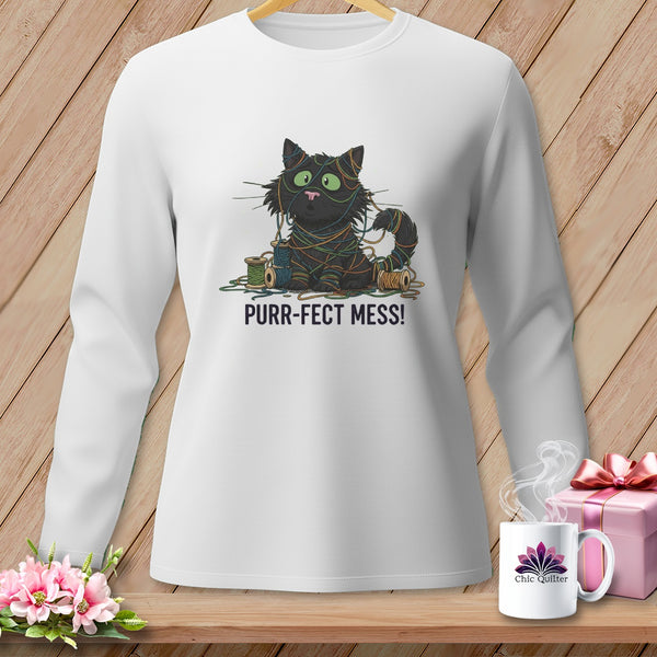 White sweatshirt with a graphic of a tangled black cat and "Purr-fect Mess!" text.