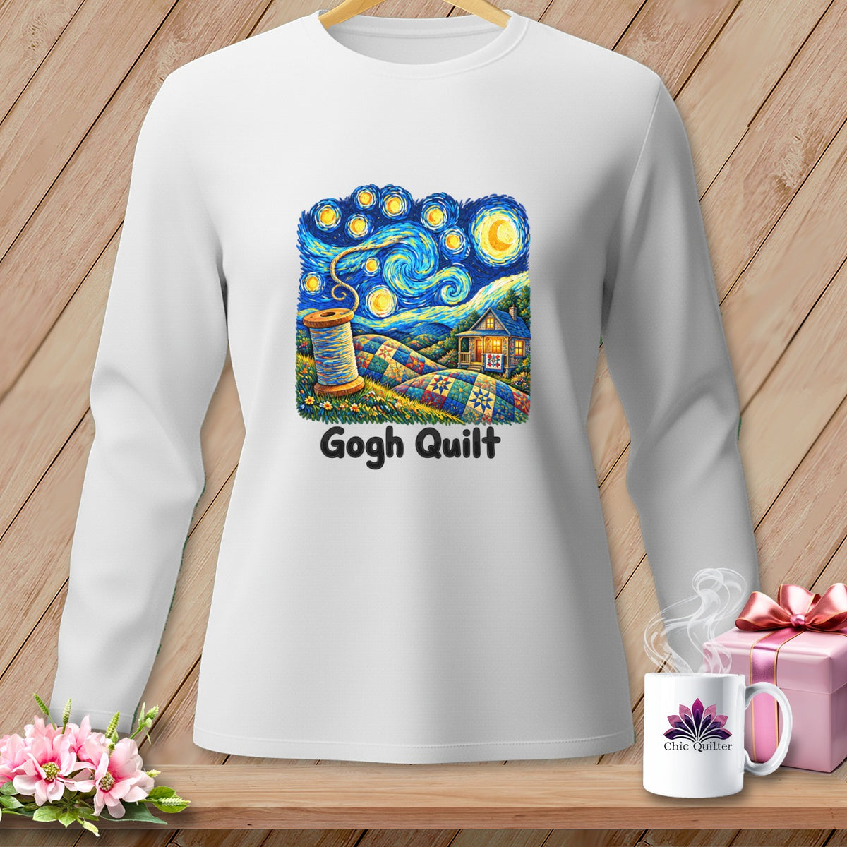 White long-sleeve shirt with "Gogh Quilt" graphic featuring a Van Gogh-inspired starry night over a quilt pattern and spool.