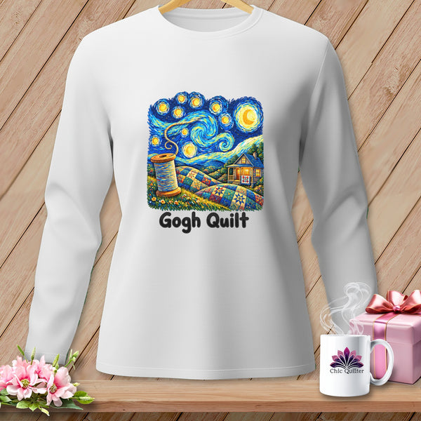 White long-sleeve shirt with "Gogh Quilt" graphic featuring a Van Gogh-inspired starry night over a quilt pattern and spool.