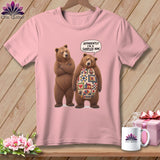 Pink t-shirt with two bears, one with a quilt pattern on its chest.