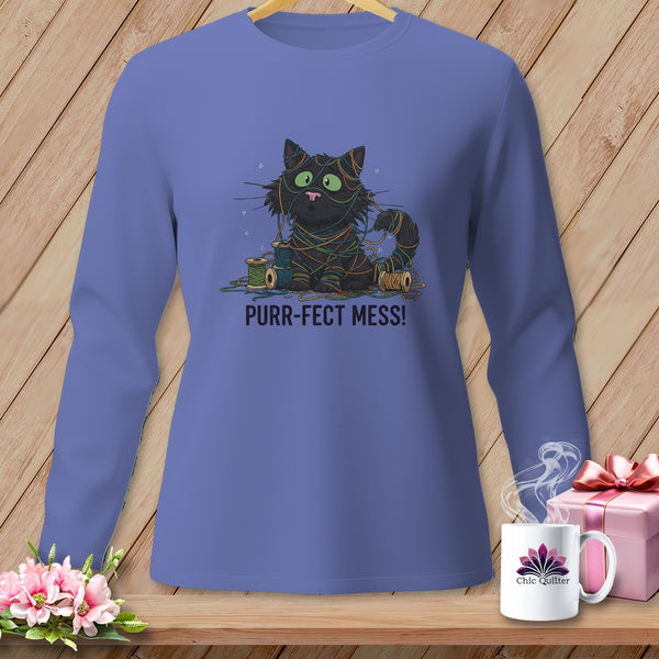 Black cat tangled in yarn with text "Purr-fect Mess!" on a purple long-sleeve shirt.