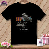 Black t-shirt with crow, quilt squares, and 