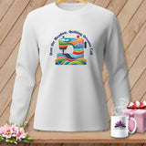 White long-sleeve shirt with colorful sewing machine graphic and 