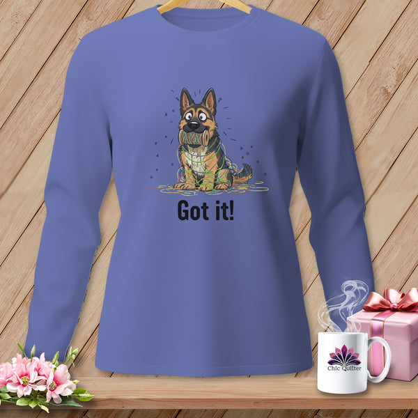 Long-sleeve shirt featuring a German Shepherd tangled in colorful lights with the text "Got it!".