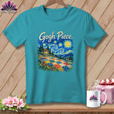 A teal crewneck t-shirt featuring a Starry Night-inspired graphic with the text Gogh Piece.