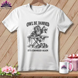 White t-shirt featuring a distressed owl on an ironing board with text: 