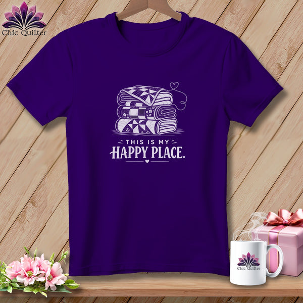 Purple t-shirt with a stack of quilts and "This is my Happy Place" text.