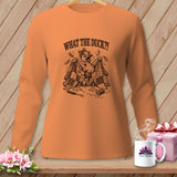 Orange long-sleeved t-shirt featuring a humorous graphic of a duck holding a patchwork quilt with the text WHAT THE DUCK?!