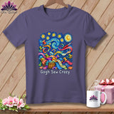 Purple t-shirt with Van Gogh Starry Night inspired sewing print and 