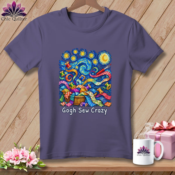 Purple t-shirt with Van Gogh Starry Night inspired sewing print and "Gogh Sew Crazy" text.