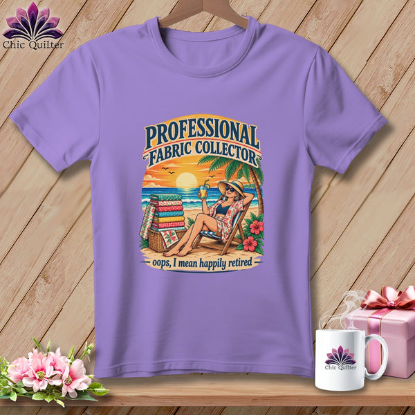 A purple crewneck t-shirt featuring a retro beach graphic with text reading professional fabric collector.