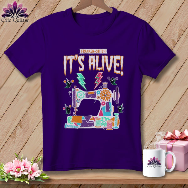 Purple t-shirt with "Franken-Stitch It's Alive!" and a sewing machine graphic.