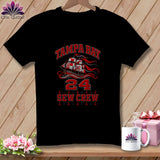 A black t-shirt featuring a red pirate ship graphic with Tampa Bay 24 Sew Crew text.