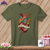 Olive green t-shirt with a stylized anatomical heart graphic with 