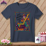 T-shirt with witch stirring a cauldron, text 