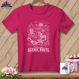 T-shirt with white graphic of a scenic route and the text 