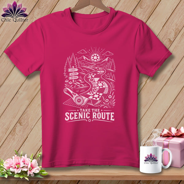 T-shirt with white graphic of a scenic route and the text "Take the Scenic Route".