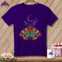 Purple t-shirt with a colorful quilt-patterned moth and sewing icons.